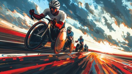 Paralympic race, athletes in wheelchairs, sports event for disabled people