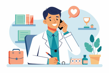 Professional male doctor calling to patient, giving treatment prescription and advice.  providing modern healthcare service,flat illustraion