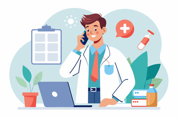 Professional male doctor calling to patient, giving treatment prescription and advice.  providing modern healthcare service,flat illustraion