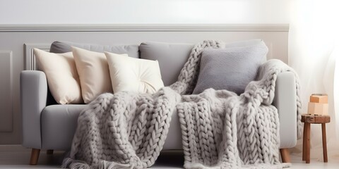 Creating a Cozy Atmosphere in the Living Room with a Knitted Blanket and Grey Sofa. Concept Cozy Home Decor, Knitted Blanket, Grey Sofa, Living Room Décor, Relaxing Ambiance