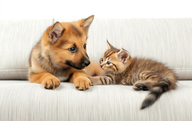 A happy dog playing with an adorable kitten