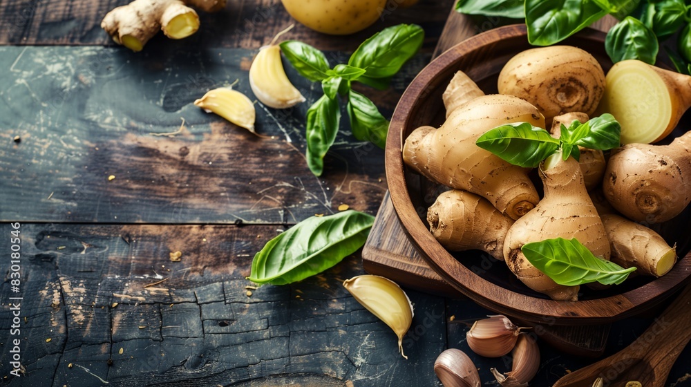 Canvas Prints a bowl of fresh ginger root with basil and garlic on a wooden table