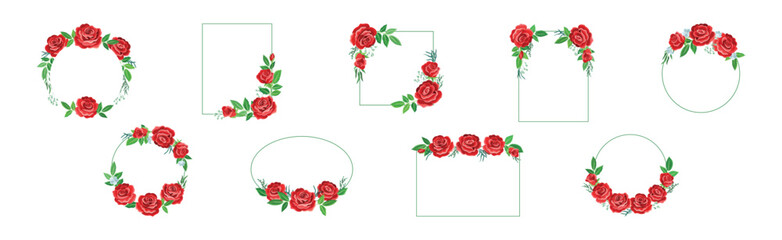 Rose Frame with Red Lush Bud and Green Leaves Arranged in Shape with Border Vector Set