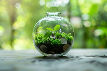 A plant grows from a glass jar