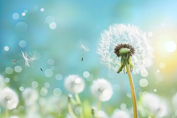 Obraz premium Many dandelions in the field with a blue sky in the background