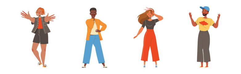 Man and Woman Character Showing Hand Gesture Expressing Emotion with Body Language Vector Illustration Set