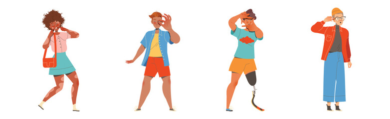 Man and Woman Character Showing Hand Gesture Expressing Emotion with Body Language Vector Illustration Set