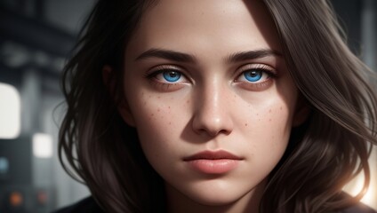 Fototapeta premium a woman with blue eyes and long hair looking at the camera with a serious look