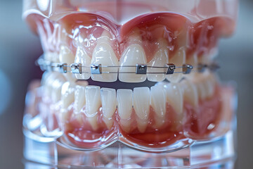 A close up of a mouth with braces. The teeth are white and the braces are silver. Concept of cleanliness and orderliness