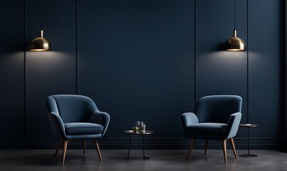 Living room or business lounge in deep dark colors with blue navy and gray furniture, empty wall mockup with black paint and decorative wood, luxury interior design reception room, 3D render

