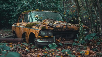 an old car is sitting in the woods with leaves