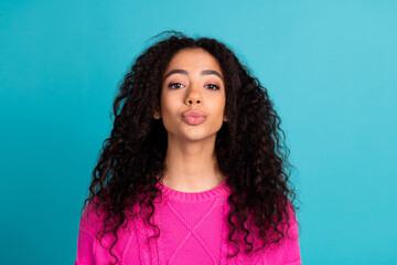 Portrait of nice young girl lips kiss wear pink pullover isolated on turquoise color background