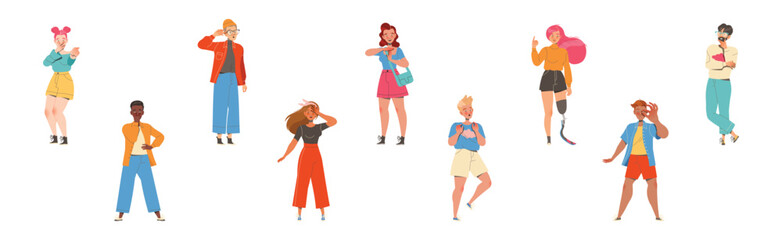 Man and Woman Character Showing Hand Gesture Expressing Emotion with Body Language Vector Illustration Set