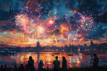 People look at the fireworks in honor of the Independence Day of the United States. Festive fireworks