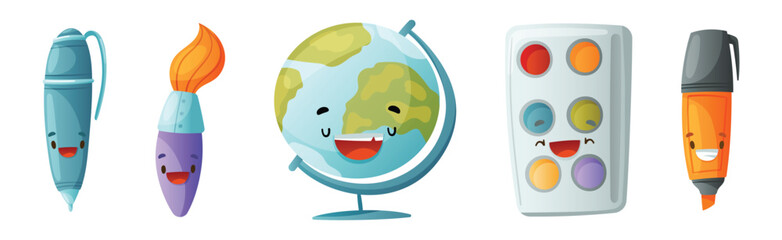 Funny School Items with Smiling Faces as Cartoon Education Supply Vector Set