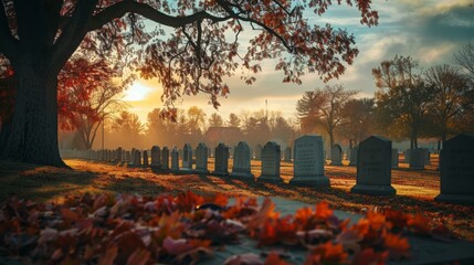 Cemetery, sunset, graves, gravestones, autumn colors on the trees, 16:9