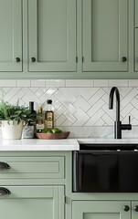 close up of mint green kitchen cabinets with black sink, herringbone white tile backsplash,