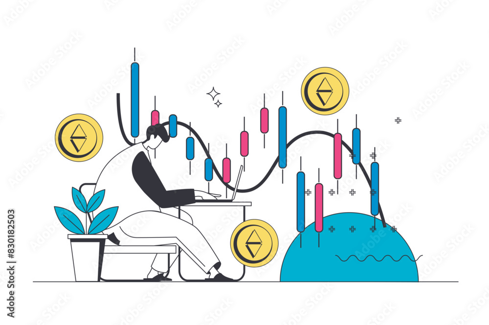 Aufkleber crypto market outline web concept in modern flat line design. man analyzing cryptocurrency graphs, t