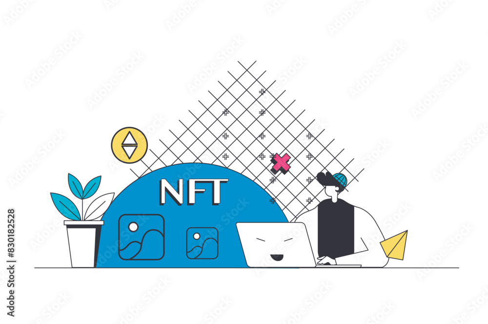 Leinwandbilder Crypto NFT outline web concept in modern flat line design. Man buying non-fungible token artwork images in internet marketplace and gallery, making cryptocurrency transactions. Vector illustration