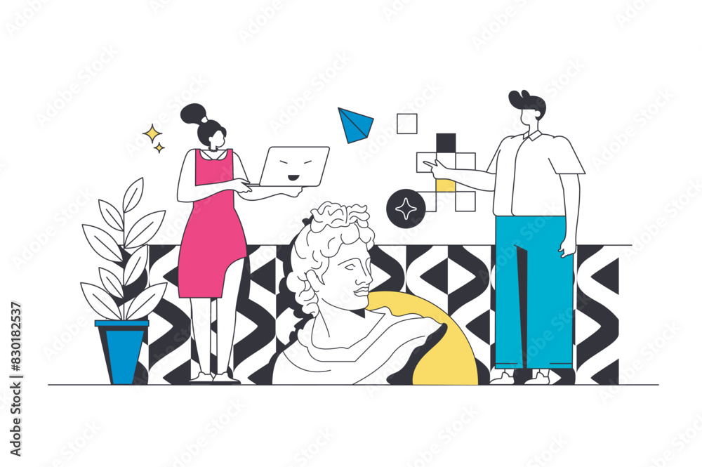 Poster Designer agency outline web concept in modern flat line design. Creative team brainstorming and generating trendy visualization ideas for projects and creating digital content. Vector illustration