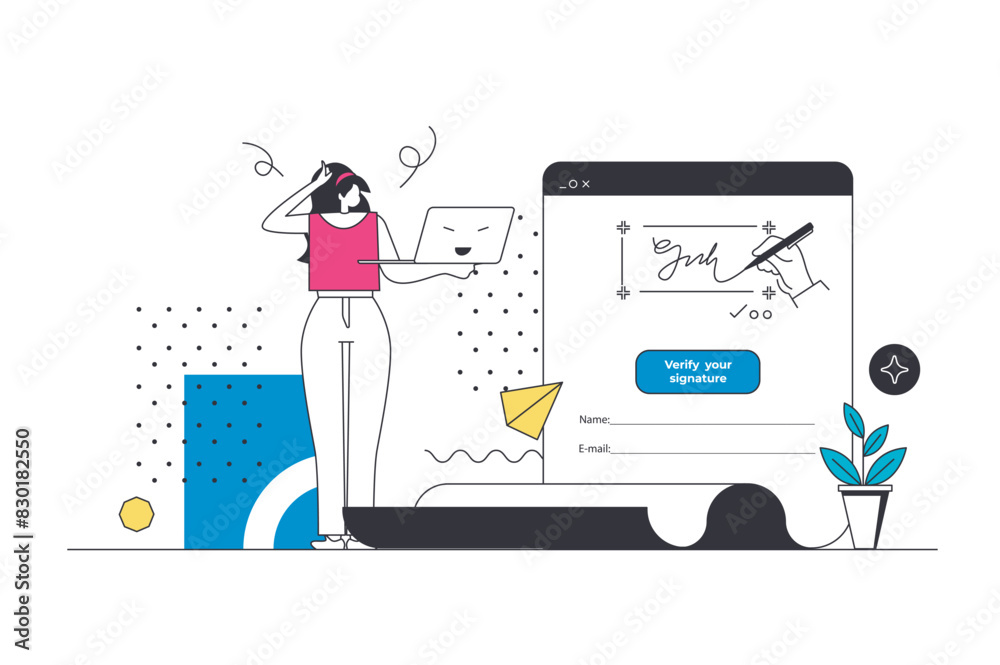 Poster Electronic contract outline web concept in modern flat line design. Woman getting digital certificate and documents at laptop for online signature with verification identification. Vector illustration