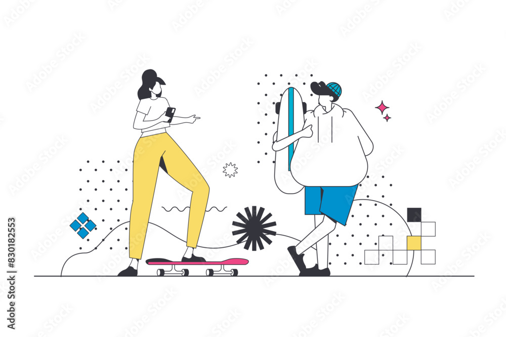 Poster Focus group outline web concept in modern flat line design. Woman making marketing research and interviewing man from target audience and analyzing customer feedback at survey. Vector illustration