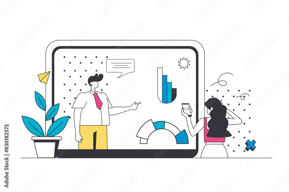 Poster financial management outline web concept in modern flat line design. woman and man calculating money