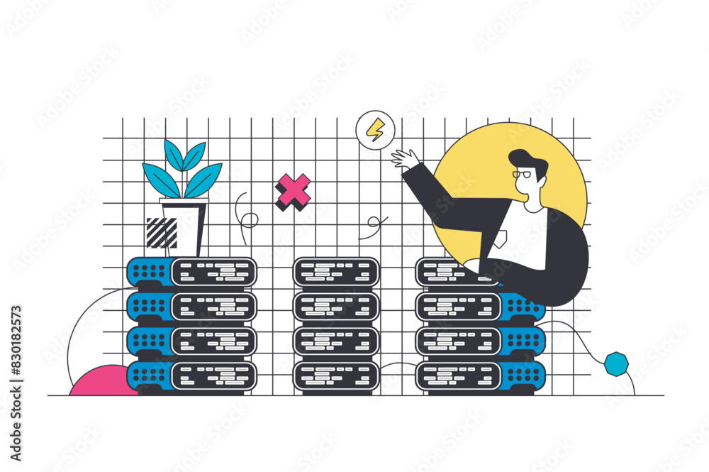 Aufkleber hosting provider outline web concept in modern flat line design. man using cloud computing platform,