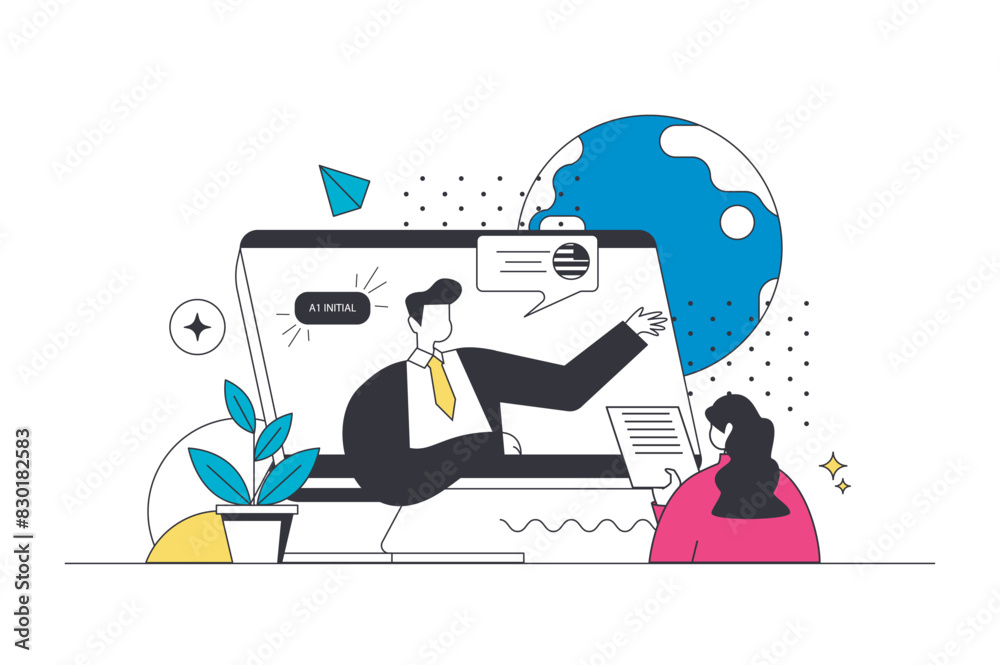 Poster Language courses outline web concept in modern flat line design. Woman learning foreign language with online teacher, training and practicing at speak club with distant students. Vector illustration