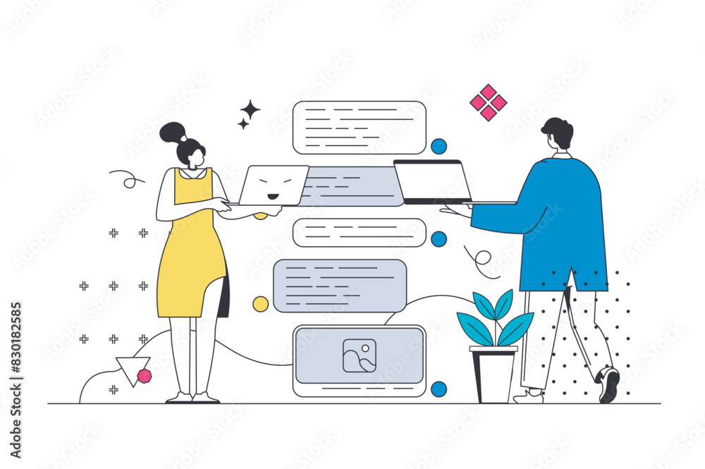 Aufkleber Messaging service outline web concept in modern flat line design. Woman and communication online, sending messages and bubble text from laptop programs, chatting in dating apps. Vector illustration