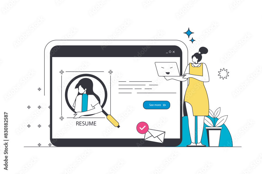 Wall mural hr process outline web concept in modern flat line design. woman searching candidates and finding ta
