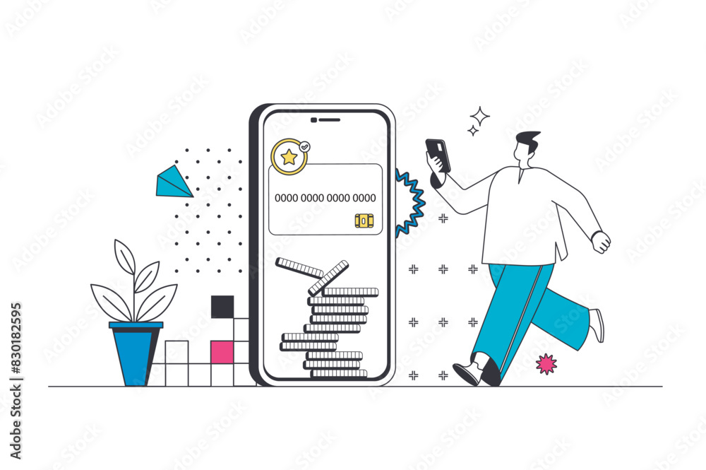 Poster mobile banking outline web concept in modern flat line design. man controlling financial account wit