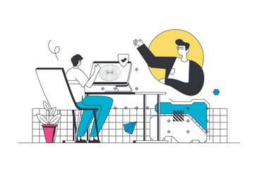 Cyberspace management outline web concept in modern flat line design. Man working at computer with project and cooperating with executive network manager for organize workflow. Vector illustration