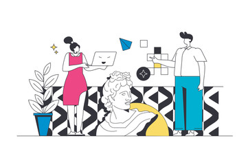 Designer agency outline web concept in modern flat line design. Creative team brainstorming and generating trendy visualization ideas for projects and creating digital content. Vector illustration