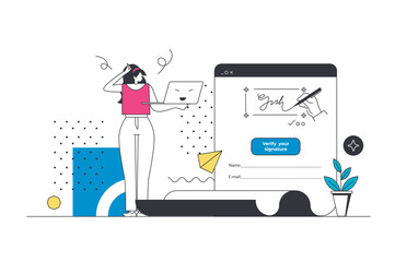 Electronic contract outline web concept in modern flat line design. Woman getting digital certificate and documents at laptop for online signature with verification identification. Vector illustration