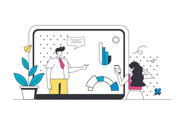 Financial management outline web concept in modern flat line design. Woman and man calculating money, analyzing finance at data and graph, bookkeeping and controlling budget. Vector illustration