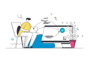 Virtual finance outline web concept in modern flat line design. Man managing financial account, making money transfers or online transaction, exchanging currency, paying invoices. Vector illustration