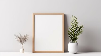Empty square frame mockup in modern minimalist interior with plant on white wall background.