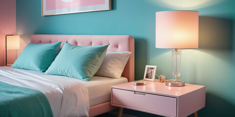 A modern pastel bedroom with a floating bedside table in a bold pastel color and a sleek lamp.