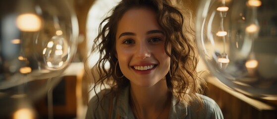 A portrait of a smiling girl with braces reflected in a round mirror, detailed face, warm and bright lighting, intimate and personal 8K , high-resolution, ultra HD,up32K HD