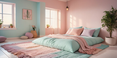 A calming pastel bedroom with a built-in meditation nook featuring a pastel-colored floor cushion and a woven throw blanket.