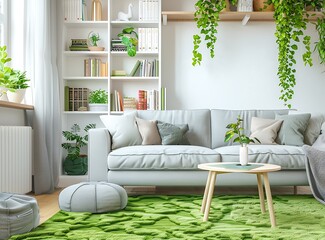Cozy living room interior with white bookcase, grey sofa and coffee table on light green carpet in front of window with plants