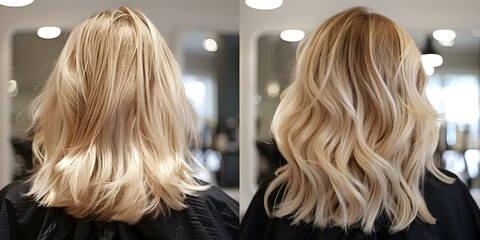 Before and After: Blonde Woman's Hair Transformation at the Salon. Concept Hair Transformation, Blonde Highlights, Salon Makeover, Professional Styling, Stunning Results