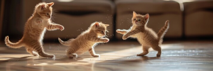 Obraz premium Cute fluffy kittens are playing, jumping on the floor in the room. Pets.