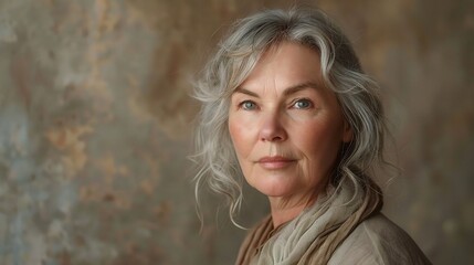 portrait of a middle-aged woman with a thoughtful expression, captured against a backdrop of soft