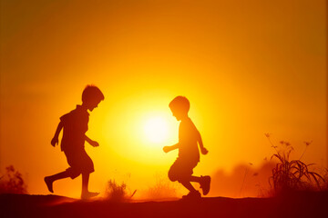 Deux enfants qui jouent en silhouette au coucher du soleil, lumière orange et dorée. 