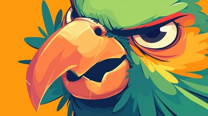 A close up cartoon illustration of an angry parrot cartoon is on display
