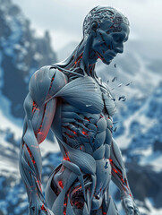 Illustration of a human figure showing muscles and blood vessels surrounded by red roses, created by artificial intelligence. 
