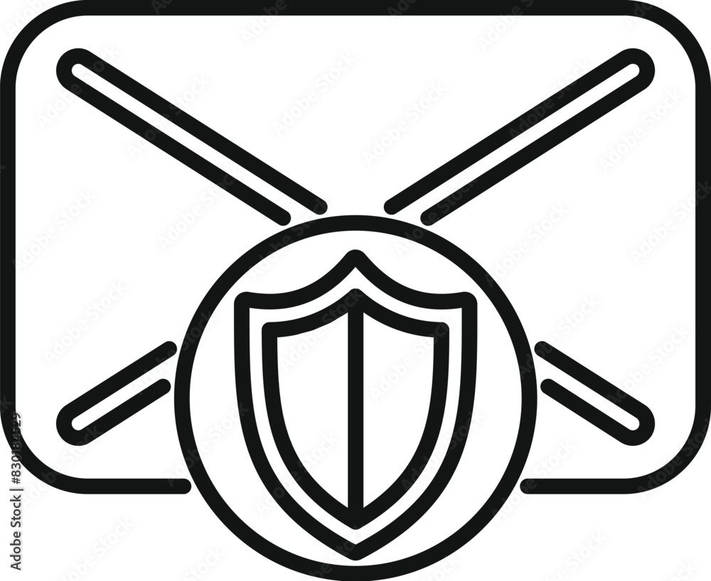 Poster simple outline icon representing cybersecurity with a shield and crossed swords on a digital backgro