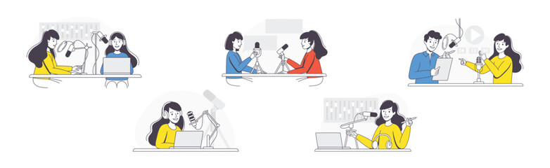 Podcast Recording with Young Man and Woman with Microphone Broadcasting and Live Streaming Outline Vector Set